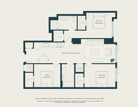 Floor plan for 3 beds, 2 baths, 1081 sqft